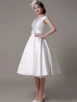 Robe de mariée courte blanche en satin col V avec noeud boutonnée sur dos au genou Robe de mariage vintage