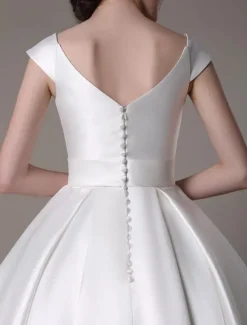 Robe de mariée courte blanche en satin col V avec noeud boutonnée sur dos au genou Robe de mariage vintage
