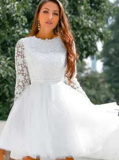Robe de mariée courte 2026 col bijou manches longues A-ligne dentelle robes de mariée courtes personnalisation gratuite