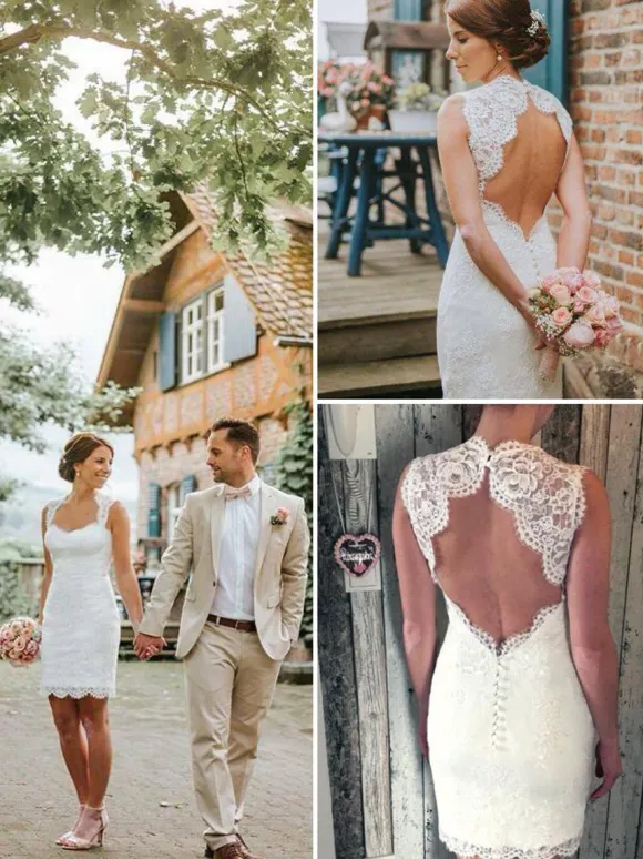 Robe de mariée courte en dentelle col en coeur sans manche au dessus de genou