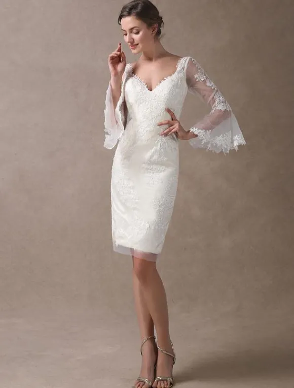 Robe de mariée courte en satin ivoire manche longue en dentelle longueur au dessus de genou robe de mariage
