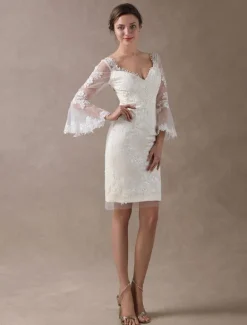 Robe de mariée courte en satin ivoire manche longue en dentelle longueur au dessus de genou robe de mariage