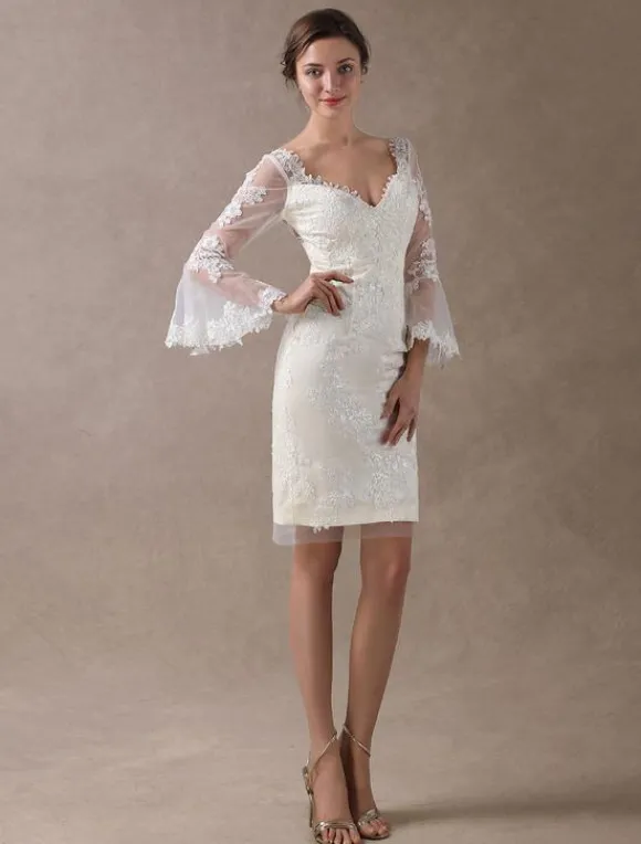 Robe de mariée courte en satin ivoire manche longue en dentelle longueur au dessus de genou robe de mariage