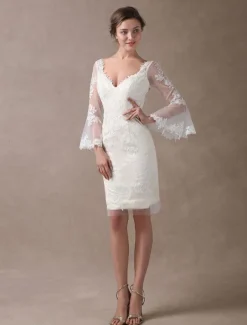 Robe de mariée courte en satin ivoire manche longue en dentelle longueur au dessus de genou robe de mariage