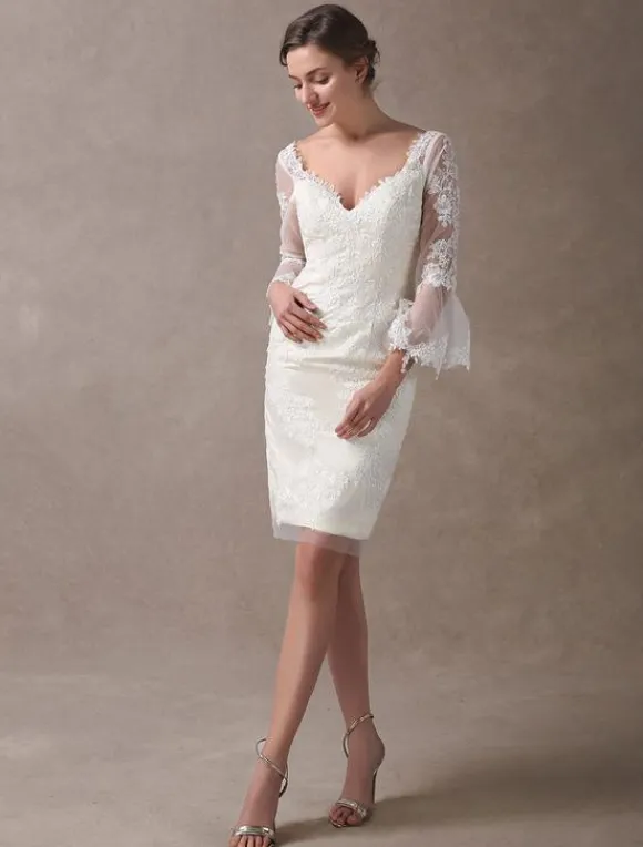 Robe de mariée courte en satin ivoire manche longue en dentelle longueur au dessus de genou robe de mariage
