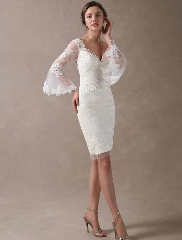 Robe de mariée courte en satin ivoire manche longue en dentelle longueur au dessus de genou robe de mariage
