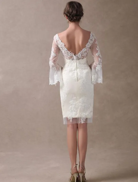 Robe de mariée courte en satin ivoire manche longue en dentelle longueur au dessus de genou robe de mariage