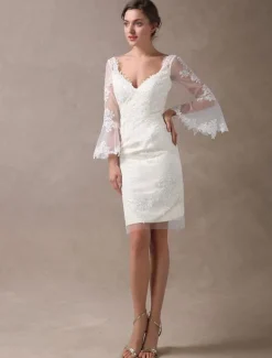 Robe de mariée courte en satin ivoire manche longue en dentelle longueur au dessus de genou robe de mariage