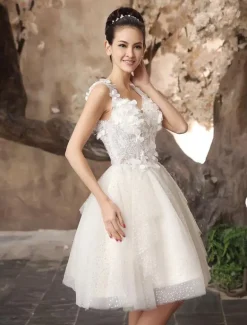 Robe de mariée courte robe de mariage tissu de pailletes décoré des fleur col v dos nu au genou