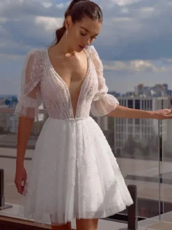 Robe de mariée courte robe mariage civil col V demie manche dos géométrique au genou