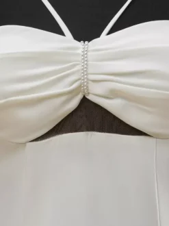 Robe de mariée à décolleté sans manches taille naturelle plissée avec traîne robe de mariée sirène