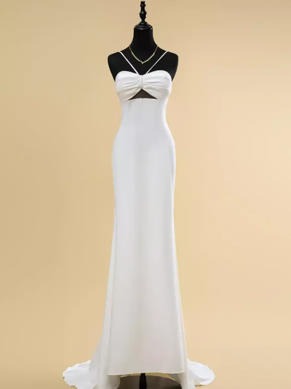 Robe de mariée à décolleté sans manches taille naturelle plissée avec traîne robe de mariée sirène