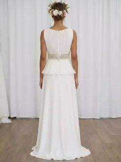 Robe de mariée deux pièces en dentelle col en V traîne boutons fonctionnels sans manches longue
