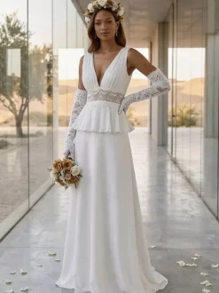 Robe de mariée deux pièces en dentelle col en V traîne boutons fonctionnels sans manches longue