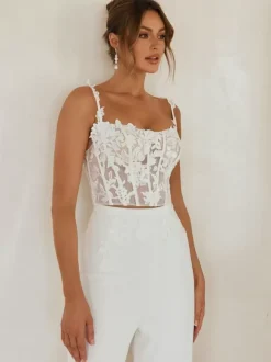 Robe de mariée deux pièces en tissu satiné et dentelle col carré deux pièces longueur au sol lacets sans manches ivoire