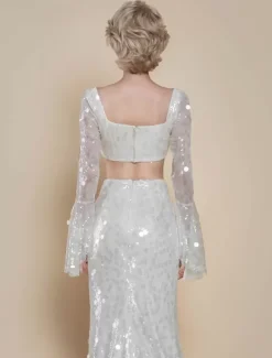 Robe de mariée deux pièces à paillettes col carré sirène avec traîne fermeture éclair manches longues longue ivoire