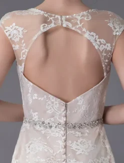 Robe de mariée en dentelle Champagne Jewel sans manches dos nu robe de mariée plage sirène avec train