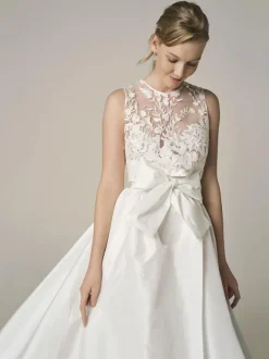 Robe de mariée ivoire deux pièces en dentelle col bijou A-ligne robe de mariée sans manches longueur cheville