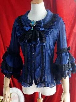 Robe de mariée Lolita Blouses Lolita Haut Lolita Volants Arcs Manches 3/4 Blouse Rayures Chemise Lolita Blanche Ecru