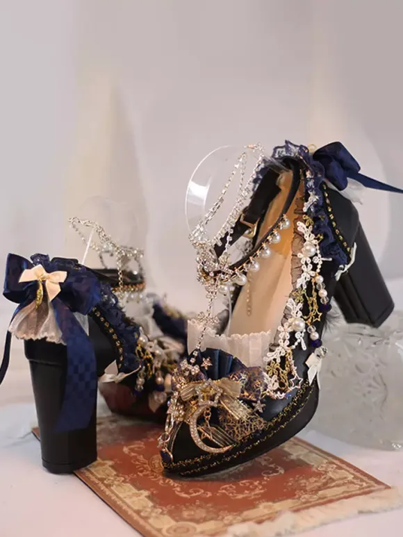 Robe de mariée Lolita Chaussures Lolita Écru Blanc Dentelle Fleurs Chaînes Cuir PU Talon Chunky Chaussures Lolita