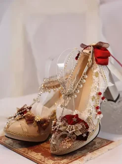 Robe de mariée Lolita Chaussures Lolita Écru Blanc Dentelle Fleurs Chaînes Cuir PU Talon Chunky Chaussures Lolita
