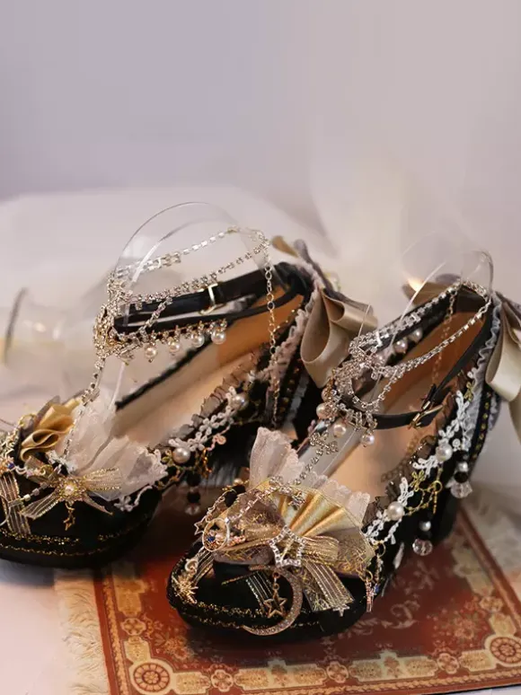 Robe de mariée Lolita Chaussures Lolita Écru Blanc Dentelle Fleurs Chaînes Cuir PU Talon Chunky Chaussures Lolita