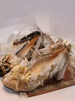 Robe de mariée Lolita Chaussures Lolita Écru Blanc Dentelle Fleurs Chaînes Cuir PU Talon Chunky Chaussures Lolita