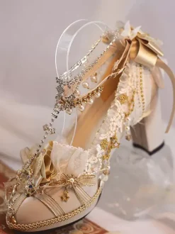 Robe de mariée Lolita Chaussures Lolita Écru Blanc Dentelle Fleurs Chaînes Cuir PU Talon Chunky Chaussures Lolita