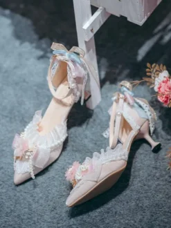 Robe de mariée Lolita Chaussures Lolita Fleurs roses Volants en dentelle Bout pointu Escarpins Lolita en satin