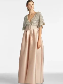 Robe de mariée mère de la mariée col en V manches courtes coupe trapèze longueur au sol pour les invités de mariage