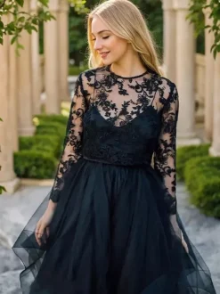 Robe de mariée noire Loyal Silhouette princesse Manches longues Découpe Tulle avec traîne Robe de mariée