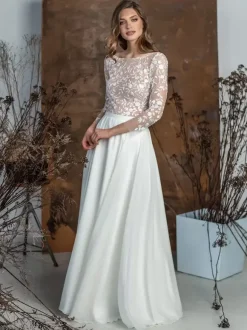 Robe de mariée 2 Pièces en chiffon Ivoire  manches longues Robes de mariée