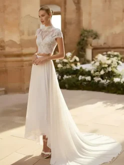 Robe de mariée 2 Pièces en chiffon Ivoire  manches courtes Robes de mariée