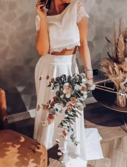 Robe de mariée 2 Pièces en dentelle Ivoire  manches courtes Robes de mariée