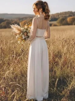 Robe de mariée 3 pièces pour la mariée en dentelle et mousseline col illusion fermeture éclair manches longues longueur au sol