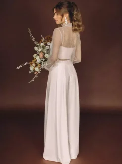 Robe de mariée 3 pièces pour la mariée en dentelle et mousseline col illusion fermeture éclair manches longues longueur au sol