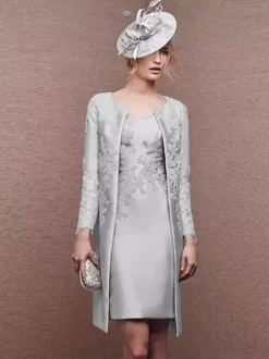 Robe de mariée pour mère col bijou manches longues ligne a dentelle robes courtes d'invitées de mariage
