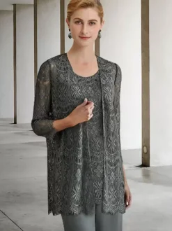 Robe de mariée pour mère col bijou manches 3/4 robes d'invitées trapèze pour mariage