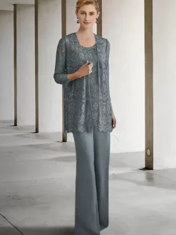 Robe de mariée pour mère col bijou manches 3/4 robes d'invitées trapèze pour mariage