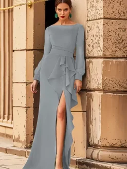 Robe de mariée pour mère col bijou manches longues volants robes d'invitées de mariage sirène