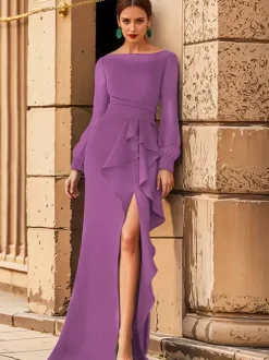 Robe de mariée pour mère col bijou manches longues volants robes d'invitées de mariage sirène