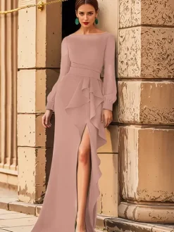 Robe de mariée pour mère col bijou manches longues volants robes d'invitées de mariage sirène