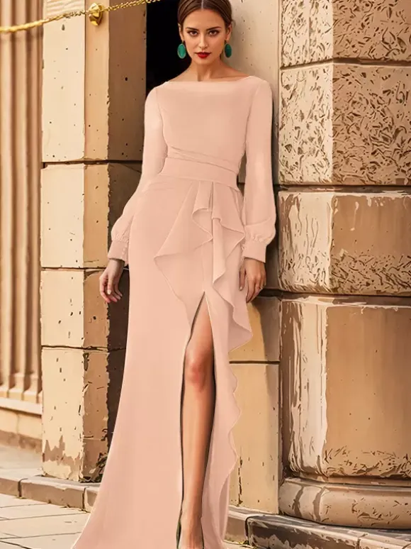 Robe de mariée pour mère col bijou manches longues volants robes d'invitées de mariage sirène