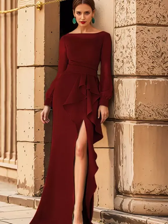Robe de mariée pour mère col bijou manches longues volants robes d'invitées de mariage sirène