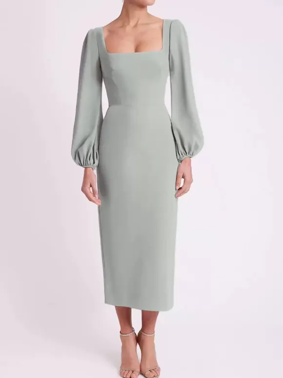 Robe de mariée pour mère col carré manches longues longueur thé robes d'invitées pour mariage