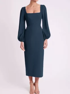 Robe de mariée pour mère col carré manches longues longueur thé robes d'invitées pour mariage