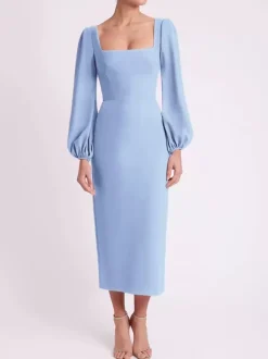 Robe de mariée pour mère col carré manches longues longueur thé robes d'invitées pour mariage