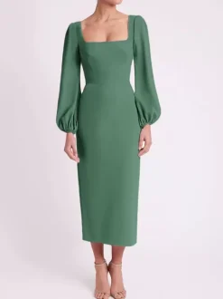 Robe de mariée pour mère col carré manches longues longueur thé robes d'invitées pour mariage