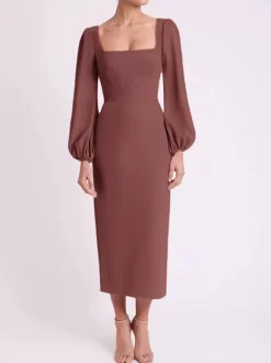 Robe de mariée pour mère col carré manches longues longueur thé robes d'invitées pour mariage