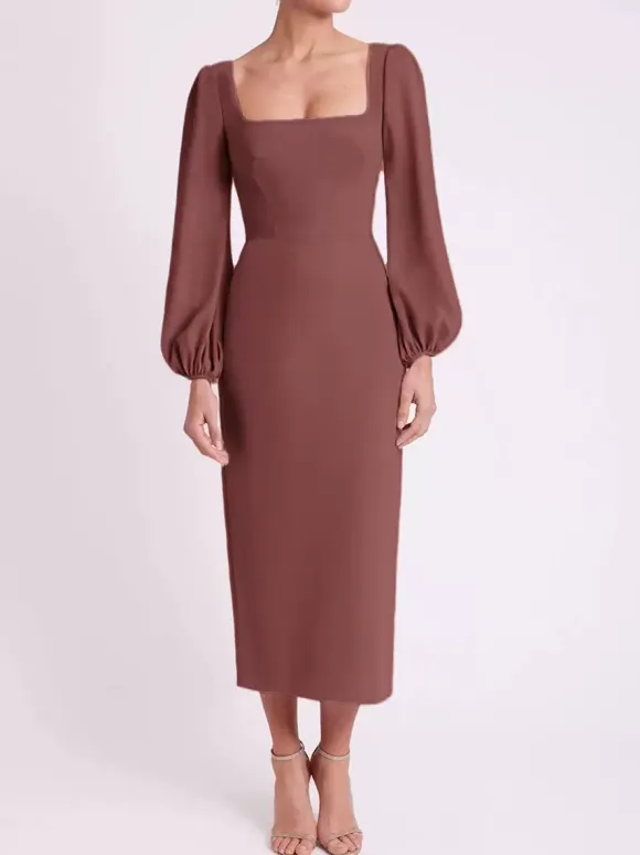 Robe de mariée pour mère col carré manches longues longueur thé robes d'invitées pour mariage